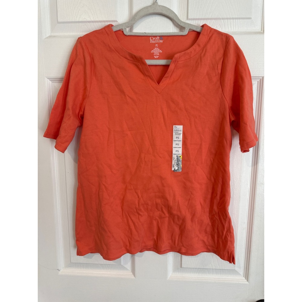 Croft & Barrow Womens Petite PS Coral Orange Classic Splitneck Elbow Sleeve Top